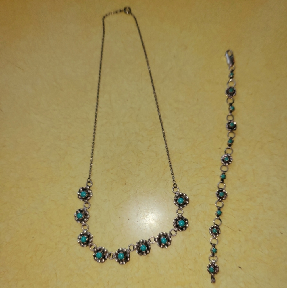 Sterling silver petal and turquoise necklace